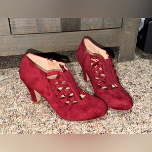 Journee Collection Velvet Red Piper Bootie Side-Zip Brandy Wine Heels Womens 8.5